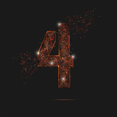 Abstract isolated orange image of a number four. Polygonal illustration looks like stars in the blask night sky in spase or flying glass shards. Digital design for website, web, internet. © Katsiaryna