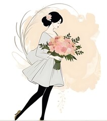 soft background, beautiful women hold a bouquet concept, illustration, 2d, watercolor