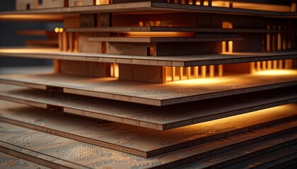 Close-Up on the Intricate Layers of an MDF Architectural Model, Illuminated to Showcase Texture and...