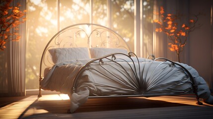Sunlight gently kissing the curves of an elegant iron bed, rendered in stunning