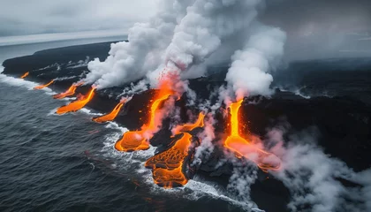 Foto auf Alu-Dibond Dynamic Aerial View of Active Volcano Eruption, Lava Rivers Flowing into the Ocean © Muhammad