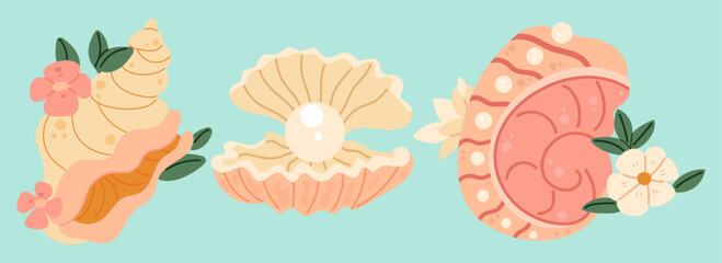Set of seashells and starfishes. Pearl corral and snail shells. Sea life elements. Vector illustration sea set for poster, card, scrapbooking , stickers.