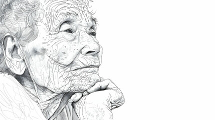 Create a minimalist line art portrait of an elderly man with a weathered face, capturing his wise and experienced essence through sparse, clean lines and subtle curves