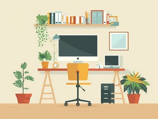 Remote Work Environment Flat Illustration of a Freelancer's Home Office Desk Setup