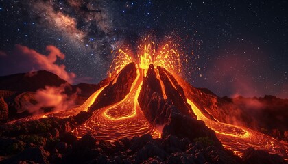 Majestic Active Volcano Illuminating the Night Sky with Fiery Lava Explosions - obrazy, fototapety, plakaty