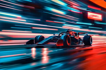 F1 car racing on the road at night with motion blur background