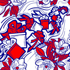 Gift box, ribbon and flowers seamless pattern for wrapping present with bow, party celebration, sale promotion, Textile print, fabric design, banner background. Hand drawn illustration cartoon style.