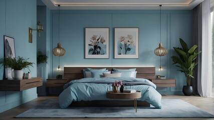 "Elegant Modern Bedroom in Light Blue"