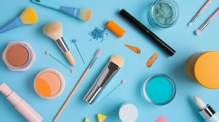 flat lay cosmetic make up accessories, Brushes, sponges, powder compacts, eyelash curlers, eyeliner pencils, eyebrow pencils, eyeshadow stencils, 16:9