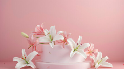 Product podiums with flowers on pink background