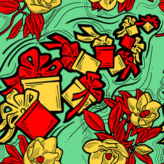 Gift box, ribbon and flowers seamless pattern for wrapping present with bow, party celebration, sale promotion, Textile print, fabric design, banner background. Hand drawn illustration cartoon style.