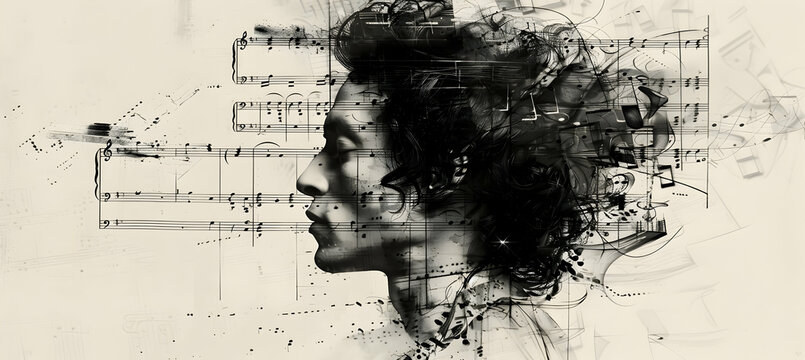 Create a minimalist portrait of a baroque composer, using musical score elements and classic styling to depict their historical significance and creative genius