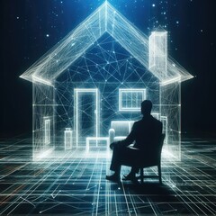 A man sitting in the dark with abstract linear futuristic house with ai concept