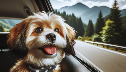 Dog Enjoys Scenic Mountain Car Ride. A dog gazes at the lush green mountains from a moving car, capturing the essence of an adventurous road trip.