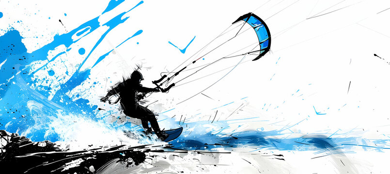 Create a minimalist portrait of a kite surfer, using dynamic lines and splashes of blue to capture their adventurous spirit and mastery over the wind and waves