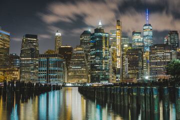 A night view of the Manhattan skyline in New York City. 