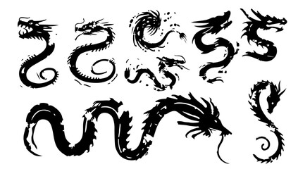 Ink Chinese dragon brushstroke set vector illustration. Art symbol animal tattoo chinese and brushstroke sign. Handwriting silhouette icon tribal element