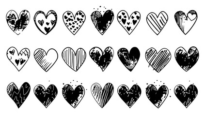 Doodle heart icon set, sketch love vector hand drawn shapes. Scribble collection cute abstract heart and drawing element black and white. Simple wedding shape