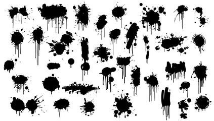 Spray graffiti element set vector illustration. Paint abstract ink and brush element messy. Dirty texture and splash textured collection blob isolated white. Black and white