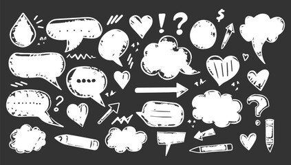 Speech bubble vector set, texture comic talk balloon doodle kit, hand drawn crayon cloud. Comic cloud bubble silhouette, empty dialog, outline conversation message illustration