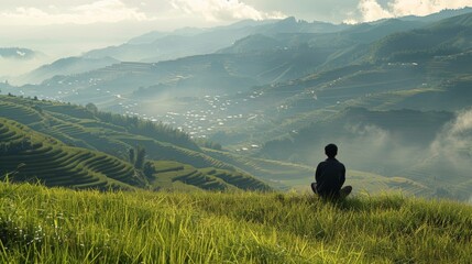 Fototapeta na wymiar A lone figure sits atop a grassy hill gaze turned away from the camera taking in the beauty of the village below. . .