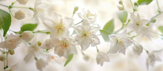 Delicate spring flowers on a white jasmine branch.