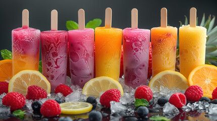 Colored popsicles on a dark background with ice.  A bright assortment of ice cream, fruit ice on...