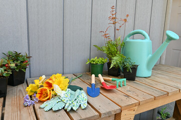 Yard and garden tools on seasonal potting bench for spring summer gardening clean up