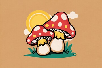 Whimsical Mushroom Illustration with Sunny Sky Background