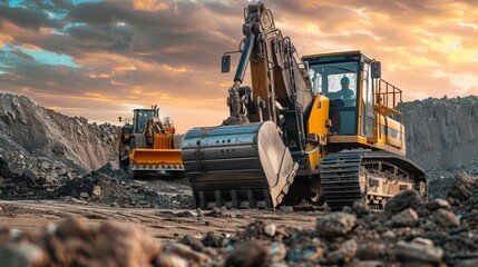 Male worker with bulldozer in sand quarry