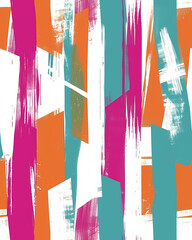 Vibrant Geometric Abstract Painting with Hot Pink, Orange, Cyan and White Stripes and Lines for Art and Design