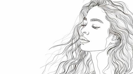 Design a minimalist portrait of a young woman with long curly hair and a serene expression, using only simple black lines and geometric shapes