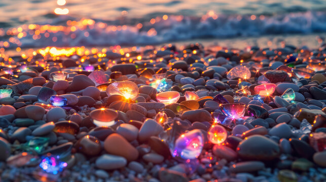 twilight sparkle on sea glass stones scattered along the seaside at dusk