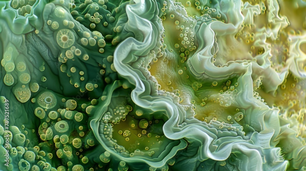 Poster a microscopic view of an algal bloom formation resembling a beautifully textured flower with multipl
