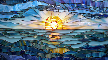 Stained glass mosaic depicting the sea and the sun