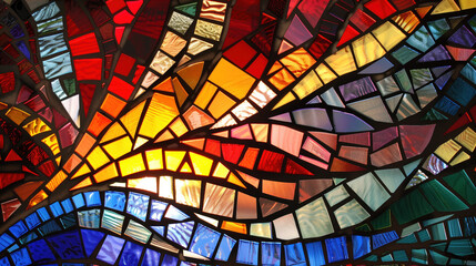 Colorful stained glass with various geometric shapes. Stained glass mosaic creating a pattern of petals