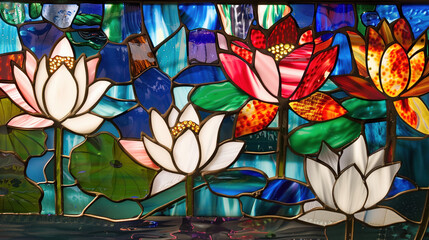 Colorful floral stained glass window with multi-colored lotuses.