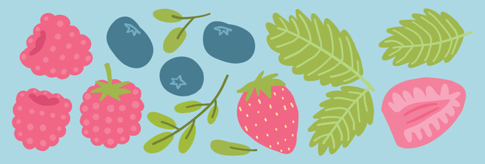 Colorful flat design of berries with leaves, featuring strawberries, raspberries, and blueberries on a light blue background.