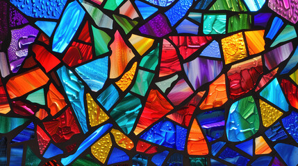 Bright stained glass with colorful elements, creating a kaleidoscope effect.