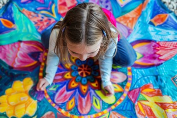 A young artist is happily painting a mandala on the floor, enjoying the leisure and fun of creating art with paint and textile