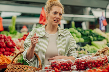 Portrait of a customer with basket in hands talking to seller at market