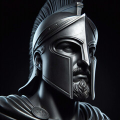 Spartan warrior in armor with shield, antique Greek military soldier. Illustration of an antique spartan warrior in armor with a spear in the forest, an ancient soldier in a helmet.	