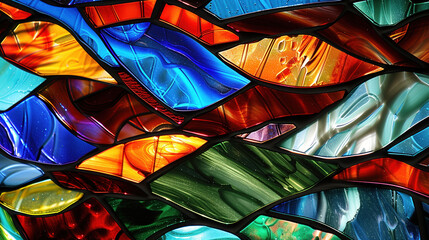 Stained glass with bright multi-colored pieces forming an abstract pattern.  