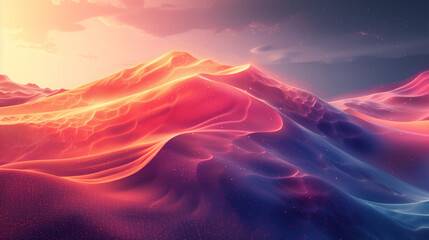 An abstract landscape with bright wavy lines reminiscent of a desert at sunset. Colored dunes with soft curves, shimmering in pink and purple tones.