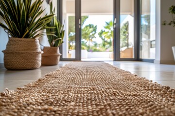 A rectangle rug is placed on the hardwood flooring in a hallway next to potted plants, adding a touch of warmth and coziness to the space - obrazy, fototapety, plakaty