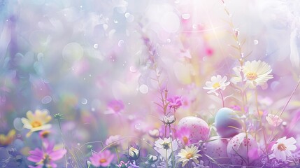 Blurred spring flowers in the meadow in soft blue and violet colors.