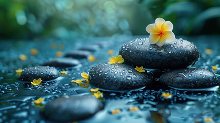 Stones covered with drops of water and a frangipani flower give the image peace and natural beauty.  A stone path with wet stones and bright flowers, representing the harmony of nature and peace.