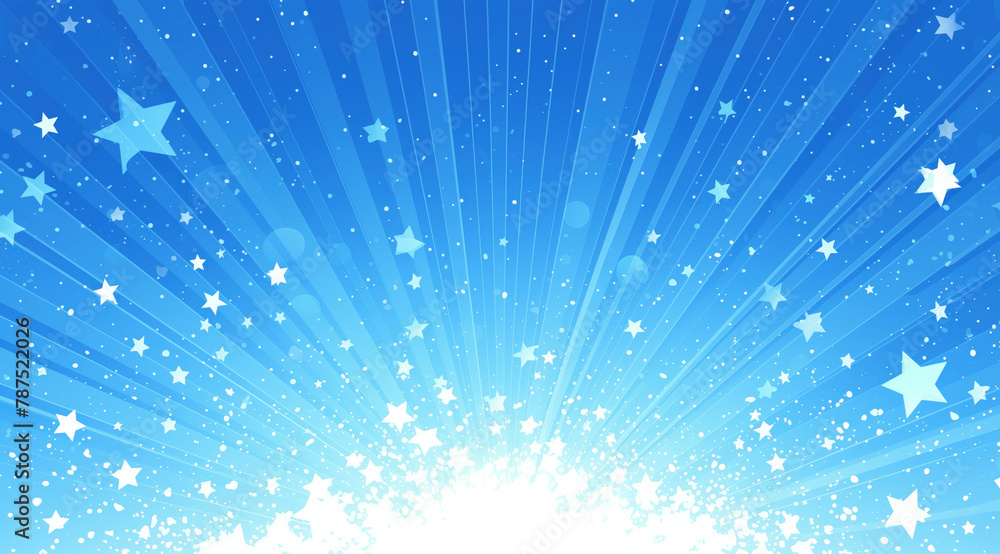 Poster bright light explosion with stars and rays on a blue background. a shining light with star patterns 