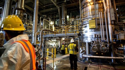 A group of workers in protective gear operating large machinery at a biofuel processing plant. Tubes and tanks can be seen connecting the equipment while a sign reminds employees to .