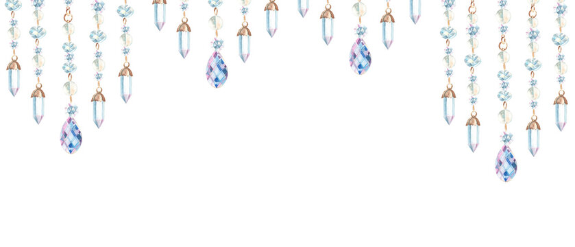 Banner with jewelry threads or strings with crystals and glass beads isolated on white background. Watercolor horizontal frame, border. Hand drawn illustration. Perfect as a web banner, card and